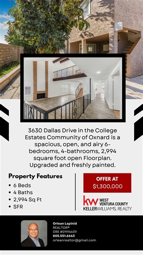 3630 Dallas Drive in the College Estates Community of Oxnard is a spacious, open, and airy 6-bedrooms, 4-bathrooms, 2,994 square foot open Floorplan. Upgraded and freshly painted inside and outside, complements the Vaulted Ceilings. The Kitchen, Family Room, Formal Dining Room, Living Room, Extension, and Patio flow to make entertaining and socializing abundantly fun. The Kitchen boasts a new Oven, Range Hood, and Recessed Lighting. The Primary Bedroom, Walk-In Closet, and En-Suite Bathroom are 