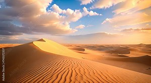 Abstract animation of desert. Sand, sugar, camel, oasis, heat, mirage, thirst, cactus, caravan, Bedouin, water, dune, sun. Generated by AI.