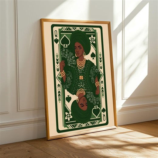 Queen of Spades Art Print: Green, Gold, and Beige Afrocentric Boho Decor - Etsy