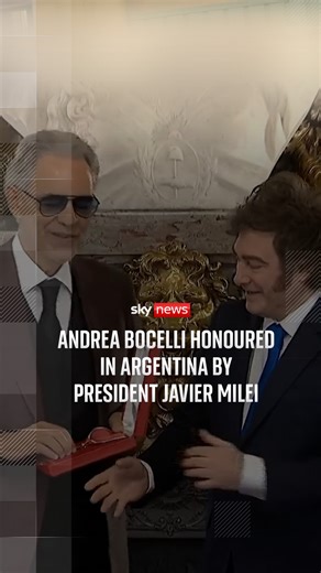 Argentina's President Javier Milei has bestowed one of the country's highest honours on Andrea Bocelli. In an awkward moment during the service, Milei held out his hand for the blind Italian tenor to shake. #SkyNews #WorldNews #Bocelli #Milei #Argentina | Sky News
