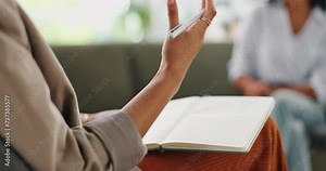 Writing notes, therapy with psychologist and patient in office, psychology and mental health with help. Counseling, therapist and people talking, notebook and pen, support and trust for communication Stock Video