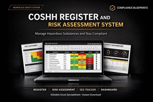 COSHH Register Template Risk Assessment Spreadsheet Hazardous Substance Log Safety Compliance Excel Google Sheets - Etsy