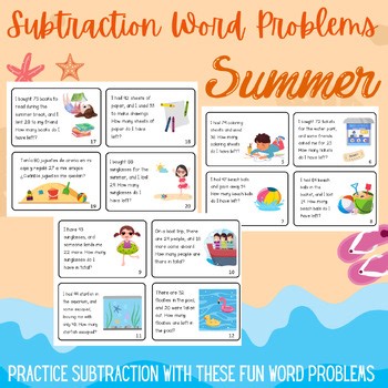 Summer Subtraction Word Problems Task Cards - Summer Math Centers