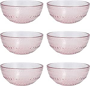 FORTESSA Jupiter Beaded Hobnail Glass Vintage Themed Collection, 14 Ounce All-Purpose Glass Bowl (6 pack) Dishwasher-Safe, Snack Bowl For Cereal, Salad, or Dessert, Pink