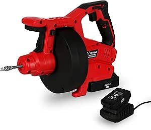 Fullwatt 27Ft Drain Auger Automatic Cordless with LED Light, Removable Battery, Electric Drain Clog Remover for 3/4" to 2" Pipes, Ideal Power Tool,Red