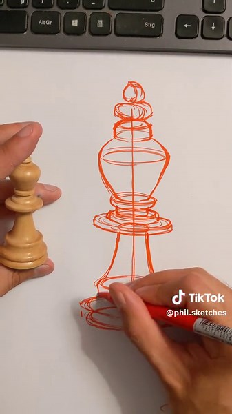 Drawing a Chess King with a Red Pen | Sketching Process