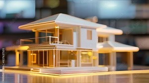 Creating a D hologram model of a house on a table in a real estate office. Concept 3D Hologram Model, Real Estate Office, House, Technology, Interactive Display