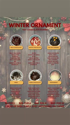 We are pleased to debut our Hot Chocolate Bombs, winter edition❄️☃️ We have 6 different flavors to choose from, and four different packages. Try our 4/8/12 pack and share with friends and family or keep them all for yourself.🥶💙 Have no idea what a Hot Chocolate Bomb is? It’s a milk, dark, or white chocolate shell, with hot chocolate mix in the middle with other options like marshmallow, sprinkles etc. you drop in a cup off milk/water, watch the magic happen and drink. An elevated childhood dri