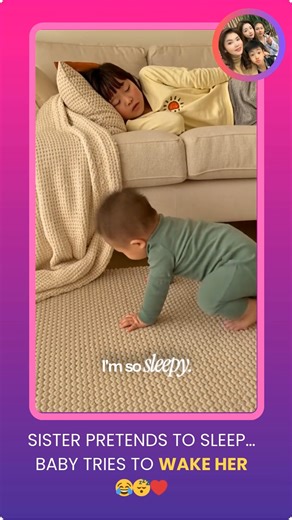 SISTER PRETENDS TO SLEEP… BABY TRIES TO WAKE HER 😂😴❤️ Sister pretended to sleep on the couch… and baby IMMEDIATELY ran over, climbed on her, and tried to wake her up in the funniest way! 😂❤️ The cutest prank adorable reaction. 📌 AI-generated using Sora-2. Voices are AI-created. #CuteKids #FunnyBaby #AIVideo #Sora2 #SiblingFun #BabyPrank #ViralReels #AdorableMoment #WholesomeContent | Baby & Parents Fun