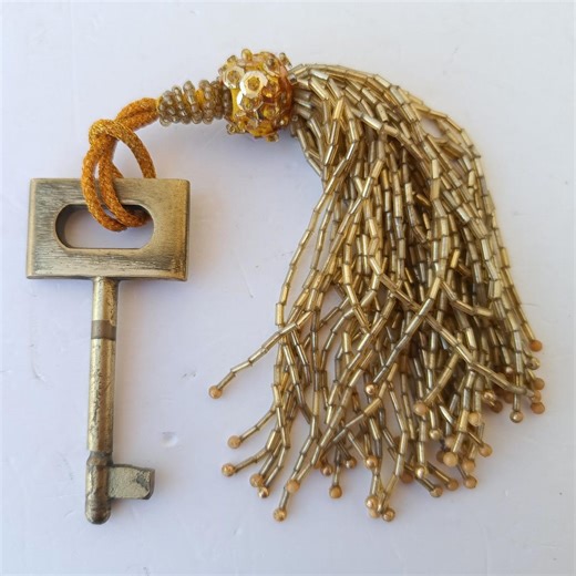 Vintage Italy Collectible Skeleton Key With Beaded Tassel, Authentic Brass Door Key, Vintage Armor Furniture Cabinet Drawer Key, Santa's Key - Etsy