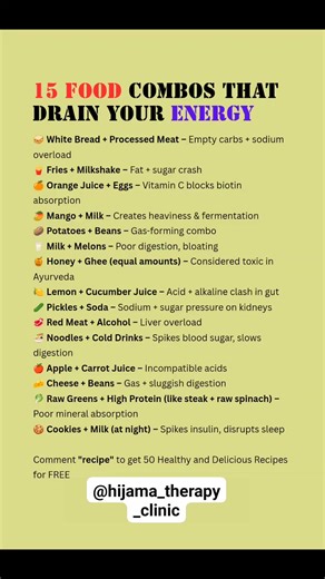 125K views · 302 reactions | Feeling sluggish?  These 15 food combos might be the sneaky culprits draining your energy!  Time to rethink those pairings! #foodcombining #energydrain #healthtips #nutrition #wellness | Hijama Therapy Clinic | Facebook