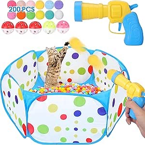 Mity rain Cat Ball Pit with Balls Included, Interactive Toy for Indoor Bored Cats Dogs with Ball Launcher, Jingle Balls and Pom Pom Balls, Cat Enrichment Toys, Kitten Toys for Self Playing Blue