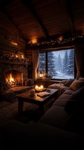 Ambient Room | Cozy Winter Cabin with Fireplace | Snowfall & Fire Ambience