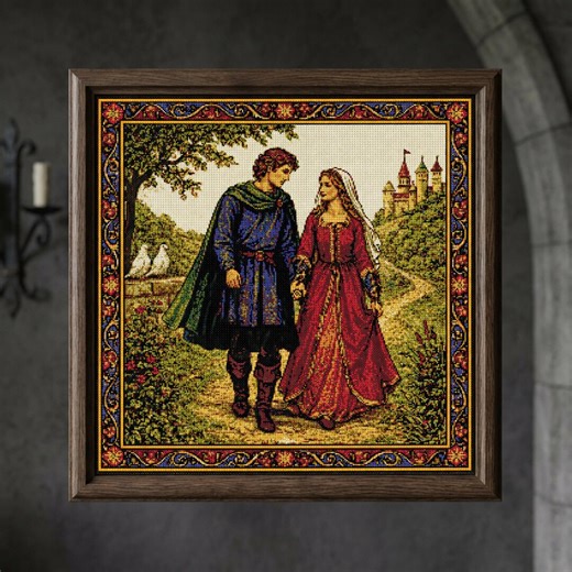 Medieval Romance Cross Stitch Pattern PDF, Vintage Couple Embroidery Chart, Knight and Lady Scene Design, Castle Garden Art Needlework - Etsy