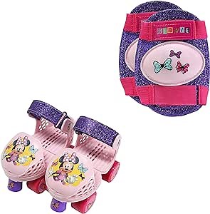 PlayWheels Adjustable Minnie Mouse Children's Roller Skates and Knee Pads Set, Junior Size 6-12