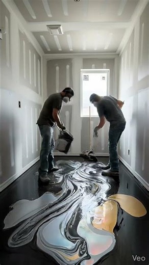 "Transforming this floor with some epoxy magic ✨🔥 Watch how it goes from drab to fab!