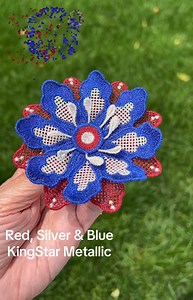 Stitched using files from my Garden Flower Lace Collection using red, silver and blue KingStar Metallic Thread from DIME by OESD | Embroidery Garden