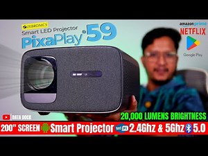 ZEBRONICS PIXAPLAY 59 Smart Projector with Android Apps, 20000 Lumens Brightness & 200" Projection