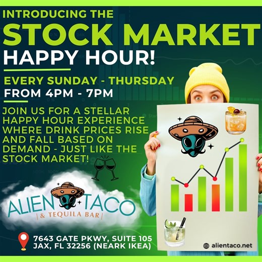 Alien Taco & Tequila Bar | 🚀📈 Introducing Stock Market Happy Hour at Alien Taco & Tequila Bar! 📈🚀 💥 Where Wall Street Meets Outer Space! 💥 🌌 Drink Prices That... | Instagram