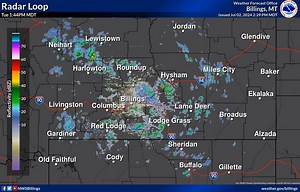 [235 PM MDT 7/2/2024]: Here is an afternoon current radar loop showing scattered showers and thunderstorms moving southeast through the area. Precipitation will continue into the evening. | US National Weather Service Billings Montana