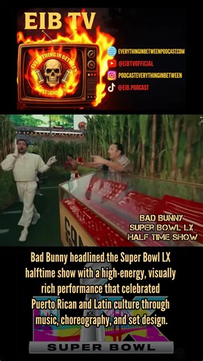 EIB TV–Bad Bunny’s Super Bowl Halftime Show 🎤🏈 #EIBTV #BadBunny #SuperBowl #NFL #Trending Shorts Bad Bunny headlined the Super Bowl LX halftime show with a high-energy, visually rich performance that celebrated Puerto Rican and Latin culture through music, choreography, and set design. The show opened in a stylized sugar-cane field and transitioned into colorful street-style scenes inspired by everyday life in Puerto Rico. He performed a medley of his biggest hits, blending reggaeton, salsa, a