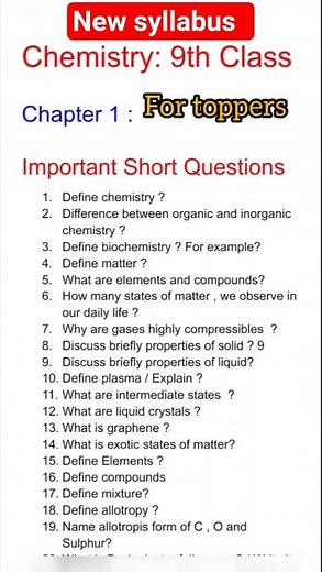 9th Class Chemistry/ Important Short / Long Questions Chapter 1 Chemistry.#9th #importantquestions