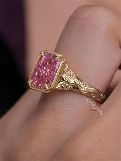 Radiant Morganite Engagement Ring Thick Band Rose Gold Morganite Ring 4.5 Ct Pink Morganite Solitaire Ring Nature Inspired Wedding Ring - Etsy