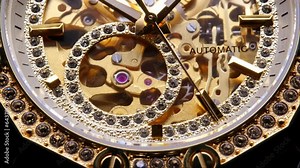 gear drive motion in skeleton watch. Mechanical watches with gears and cogs. clock mechanism. Clockwork details and parts. Inside watch, mechanical watch in macro view. expensive watch with diamonds
