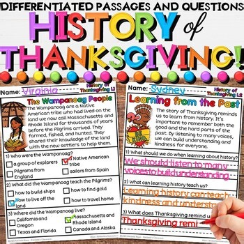 History of Thanksgiving Reading Comprehension Passages Pilgrims Native Americans