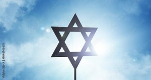 Jewish symbol, pride and star with religion, spiritual and believe with blue sky. Lens flare, hologram and animation with star of David, faith and holy with tradition, culture and empty with clouds
