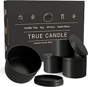 True Candle Tins for Making Candles - 24 Pack of 4 oz Black Candle Containers Bulk - Empty tins with lids for Candles - Premium Metal Jars, DIY Vessels | Painted Outside and Inside | Matte Black