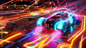 A futuristic racing car surrounded by vibrant neon lights and digital circuit patterns, conveying a high-tech atmosphere.