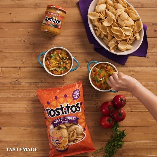 #ad For a chip & dip combo everyone will love, try this cheesy beef enchilada dip paired with the new @tostitos Hearty Dippers — the chip to take on thick dips. Click here for more - https://bit.ly/3FxGsi2 | Tastemade