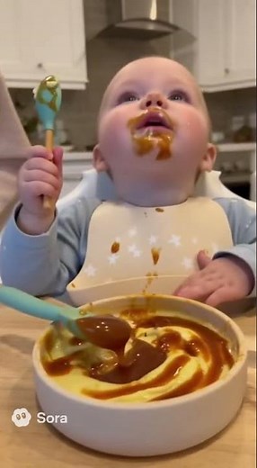 baby eat a pudding with caramel