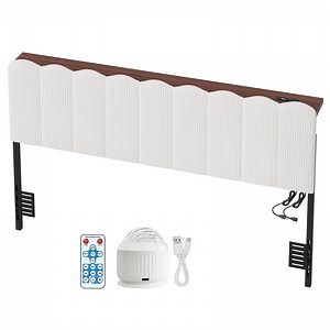 Pinmoco Upholstered Headboard with Storage, Charging Station and Aurora LED Lights, Queen Size Headboard for Beige Striped Corduroy(Bed Headboard Only)