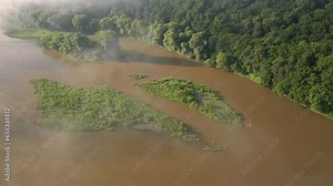Green valley and big river in summer morning. Filmed UHD 4k video.