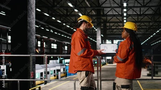 Diverse engineers analyzes robotics software for industrial component supporting assembly line, autonomous robot arm in machinery hall. Large-scale warehouse environment with steel work.