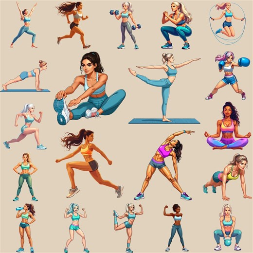 Active Women Fitness Clipart: Workout Poses and Gym Girl PNG Set (digital Download) - Etsy