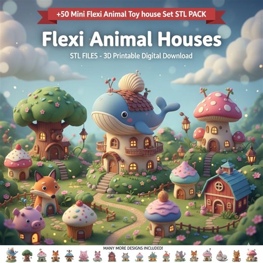 50  Articulated Mini Flexi Animal Toy Set , 3D Printable Cute Animal Houses, Digital Download Flexi 3D Print Models Homes Kids Toys 3D Print - Etsy