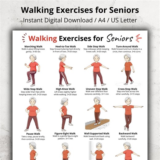 Walking Exercises for Seniors Printable Chart, Indoor Low Impact Home Walking Routine, Balance & Coordination Walking Exercises Poster PDF - Etsy