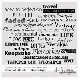 Journal Words - Nostalgic, Vintage Word Art, Junk Journal Clipart, Scrapbook Phrases, Digital Typography PNG - Etsy
