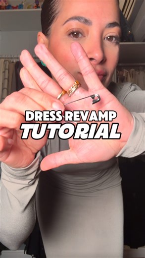 Layana Aguilar H. on Instagram: "DRESS REVAMP TUTORIAL: Alright, let’s dive into this quick and easy dress revamp tutorial! -First, grab a safety pin and find your belly button—this is just to eyeball the center. Pin it right bellow your belly button. The safety pin will be your stopping point. -For the shoulder cutout, I placed another safety pin to determine how high I wanted the cutout to be. -Now, fold the dress in half and cut straight down the center front, starting from the bottom to the 