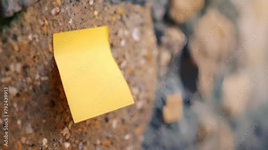 A yellow sticky note is stuck to a wall. The note is yellow and has a white border