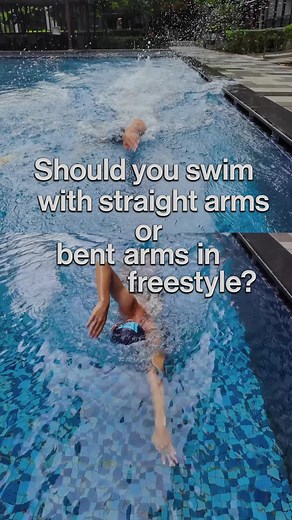 Should you swim with straight arms or bent arms in freestyle? 🤔 Both work, but only if you use them for the right goal. Get it wrong and you’ll waste energy instead of gaining speed. ⚡ For sprinting, use straight arms. They move faster through the air, increase your stroke rate, and create more speed. But they burn energy fast. 🏊 For distance swimming, use bent arms. Keep your hand below your elbow so you can pull strong in the water and rest in the air. That saves energy and keeps you efficie