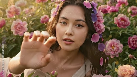 Beautiful Brunette Woman Lying in Flower Field with Falling Petals for Spring Skincare Concept