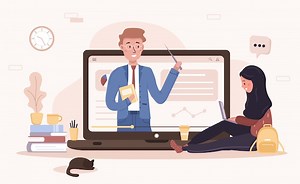 Premium Vector | Online education. Flat design concept of training and video tutorials. Student learning at home. illustration for website banner, marketing material, presentation template, online advertising.