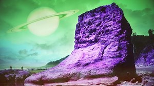 Alien Landscape People Space Galactic Motion Background. People on an extraterrestrial landscape with a planet in the sky. Surreal landscape