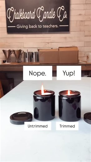 Chalkboard Candle Co. ® on Instagram: "Why is wick trimming so important? 1. Safety. Smaller wick means smaller flames. Roaring, flickering, popping flames can be dangerous. ⛔️ 2. Cleaner burn. Untrimmed wicks mean larger flames that can smoke and soot. 💨 3. Longer burn. Shorter wick means smaller flames which means less heat burning up your wax. ✂️No need for a fancy wick trimmer if you don’t have one. (Although they’re wonderful and are inexpensive when bought online!) A pair of scissors or a