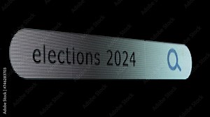 Shot of monitor screen. Pixel screen with animated search bar, keywords elections 2024 typed in, browser bar with magnifying glass text headline.