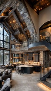 Modern Rustic Lodge with Vaulted Ceilings & Statement Staircase 🖤✨ Talk about dramatic! This luxe lodge features soaring timber ceilings, bold iron accents, and a sweeping curved staircase that anchors the entire space. The perfect blend of rugged warmth and sleek design—mountain living never looked so good! 🪵🔥 #LuxuryCabin #ModernRustic #LodgeInspo | Courtney's World